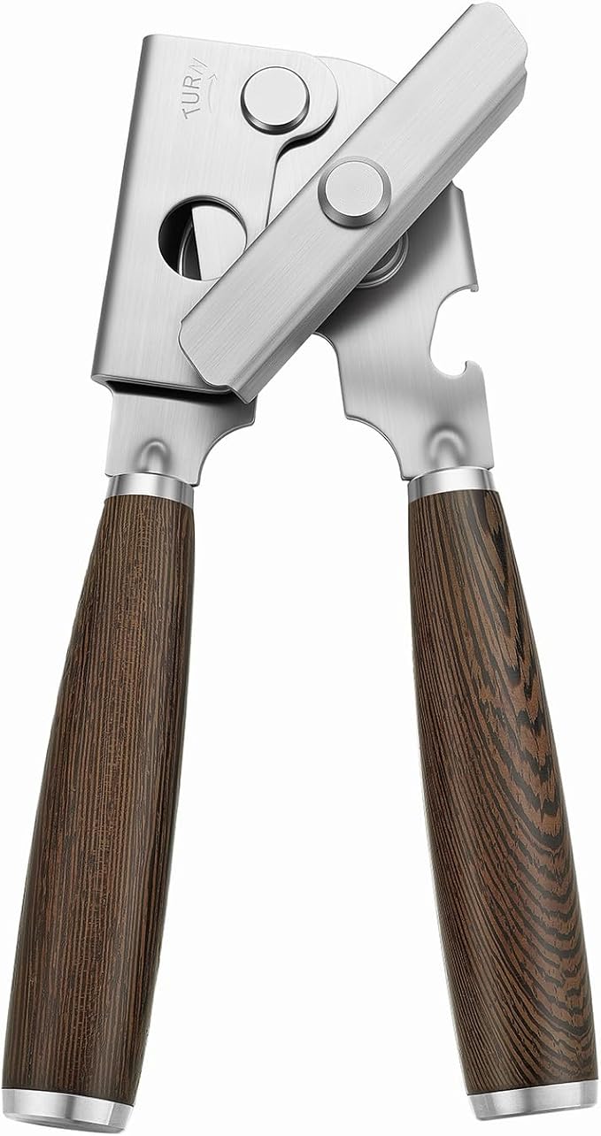 Upgraded Efficient Manual Can Opener - Selected Solid Wood Handle, Sharp and Smooth Blade Edge, Portable Design, Easy-Open Large Knob, Versatile for Various Bottle Caps(Wenge)