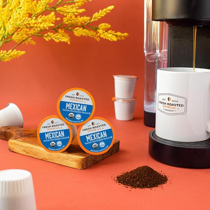 Fresh Roasted Coffee, Organic Mexican Water-Processed Decaf | USDA Organic, 100% Single Origin, Kosher | Medium Roast 72 Pods for K Cup Brewers