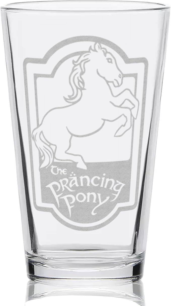 THE PRANCING PONY Engraved 16oz Pint Glass | Inspired by Tolkien Power Ring and Middle Earth | Great Christmas Gift Idea | Unique Elvish Fantasy Wizard Fantasy Decor!