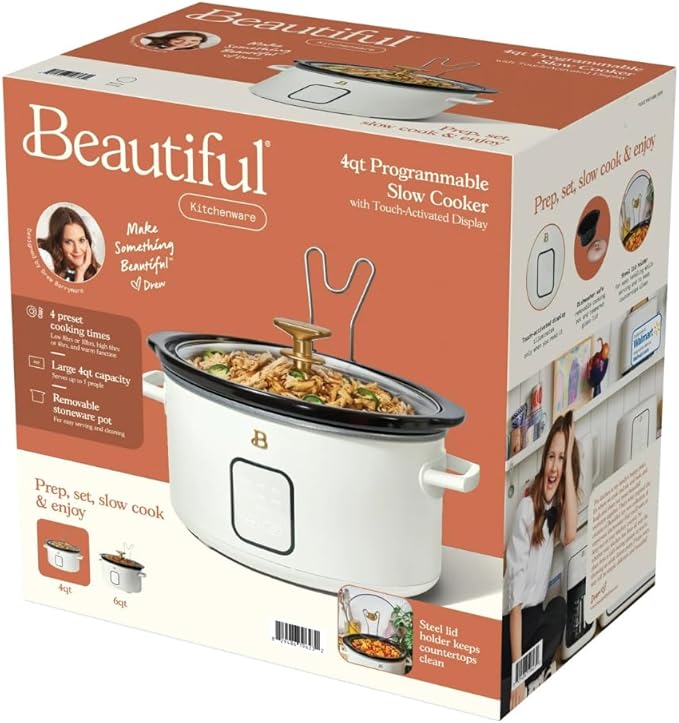 Beautiful 4-Quart Slow Cooker with Touch-Activated Display, Programmable Digital Controls, Removable Non-Stick Pot, Keep Warm Function, by Drew Barrymore (White Icing)
