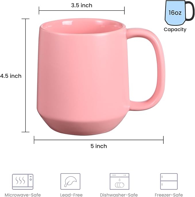 Miicol Ceramic Coffee Mug, 16 oz Large Coffee Cup, Tea Mug with Handle, Flat Bottom Mug for Men, Women, Office, Microwave and Dishwasher Safe, Multi-Color, Pink