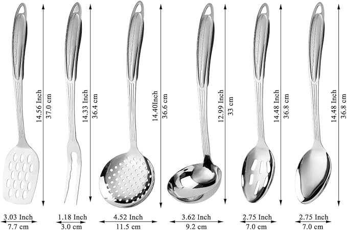 Berglander Stainless Steel Kitchen Utensils Set 6 Pcs, Cooking Utensil Sets, Kitchen Gadgets Essentials Include Metal Spatula Set, Skimmer, Ladle, Serving Spoon, Slotted Spoon, Carving Fork