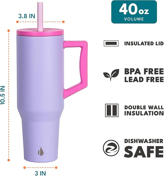 Elemental 40 oz Tumbler with Handle and Straw - Spill Proof Insulated Stainless Steel Commuter for Hot and Cold Beverages - Travel Coffee Mug with 2 Straws & Spill Proof Lid - 40oz - Lilac Tie Dye