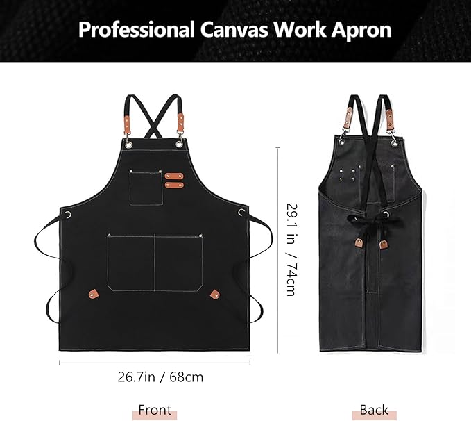 Chef Apron with Cross Back Straps for Men & Women, Cotton Canvas Adjustable Apron with Pockets for Cooking,Baking,BBQ,Painting,Gardening,Workshop(Black)