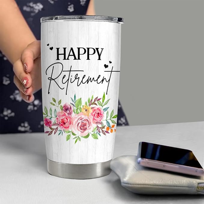 SANDJEST Happy Retirement Tumbler Stainless Steel Insulated Tumbler 20oz Retirement Gift for Women Retired Gifts Farewell Drinking Cups For Female Coworker Boss Colleague Friends