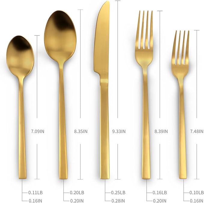 Stainless Steel Flatware Set Hand Forged 18/10 Silverware Set Cutlery Set Gold Cuboid Handle Matte Finished 60 Pieces Service for 12