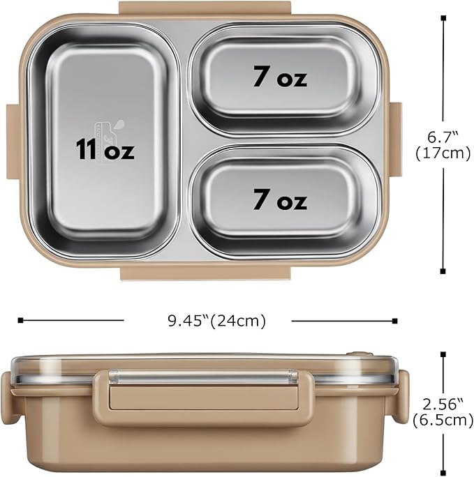304 Stainless Steel Bento Lunch Box for Adults & Kids, 25 Oz Leakproof Metal Food Container with 3 Compartments, BPA-Free, Reusable&Dishwasher Safe, Fix for School,Office,Picnic,Travel(Khaki)
