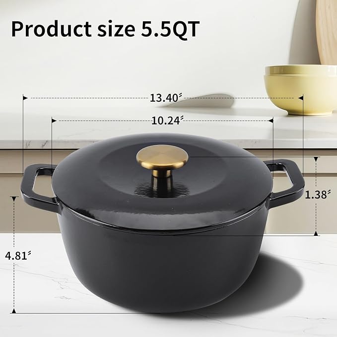 Enamel Cast Iron Dutch Oven with Lid,Dual Handles,Heavy-Duty Cookware for Sourdough Bread Baking,Braising,Stews,Roasting,Oven Safe up to 500° F,5.5QT,black