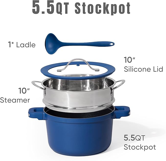 CAROTE 5.5QT Nonstick Stock Pot with Lid, 5.5 Quart Casserole with Ladle, Even Heating Stockpot, Fits All Stoves, Non Stick Big Cooking Pots PFOA Free, Blue