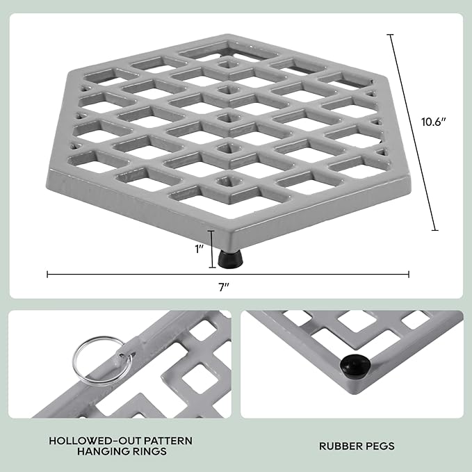 JOGREFUL Cast Iron Trivet Mats, Kitchen Pot Holders to Portect Table/Countertops, Heat Resistant Mats for Teapot/Hot Dishers/Plates, Vintage Mats with Weighted-Base, Hexagon Gray