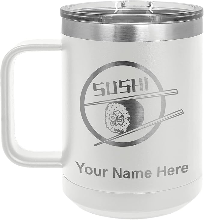 LaserGram 15oz Vacuum Insulated Coffee Mug, Sushi, Personalized Engraving Included (White)