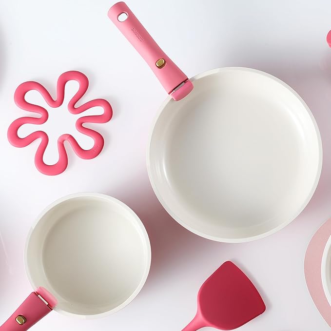 CAROTE Ceramic Sauce Pan Sets with Stand-Up Lid 3QT & 4QT, 10 Piece NonStick Kitchen Cookware Sets with Detachable Handle, Non Toxic Cooking Pot, Oven Safe, Induction Ready, Pink