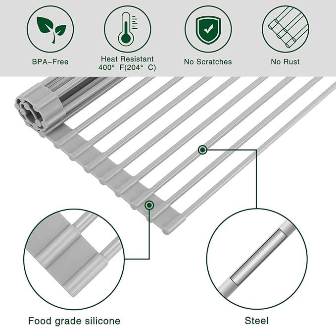 Roll Up Dish Drying Rack Over The Sink Kitchen Roll Up Sink Drying Rack Multipurpose Foldable Sink Drying Mat, Heat-Resistant, Anti-Slip & Anti-Rust Dish Rack for Kitchen, 20.5" x 13", Grey