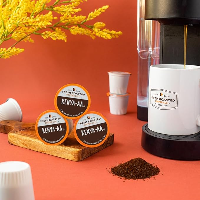 Fresh Roasted Coffee, Kenya AA, Med-Dark Roast, 72 Pods for K Cup Brewers