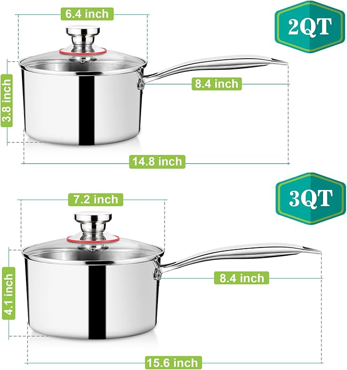P&P CHEF 2 & 3 Quarts Tri-Ply Stockpot and Saucepan, Stainless Steel Sauce Pan with Lid, Cooking Induction Pot, Kitchen Cookware for All Stoves, Non-Toxic, Durable & Dishwasher Safe, 2 Pieces