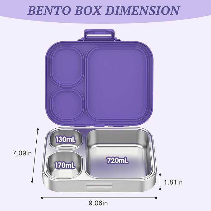 Stainless Steel Lunch Box, Leak-Proof with free sealing Bento Box 3 Compartments, Metal Lunchbox for Travel & Work, Eco-Friendly Meal Storage Solution Purple