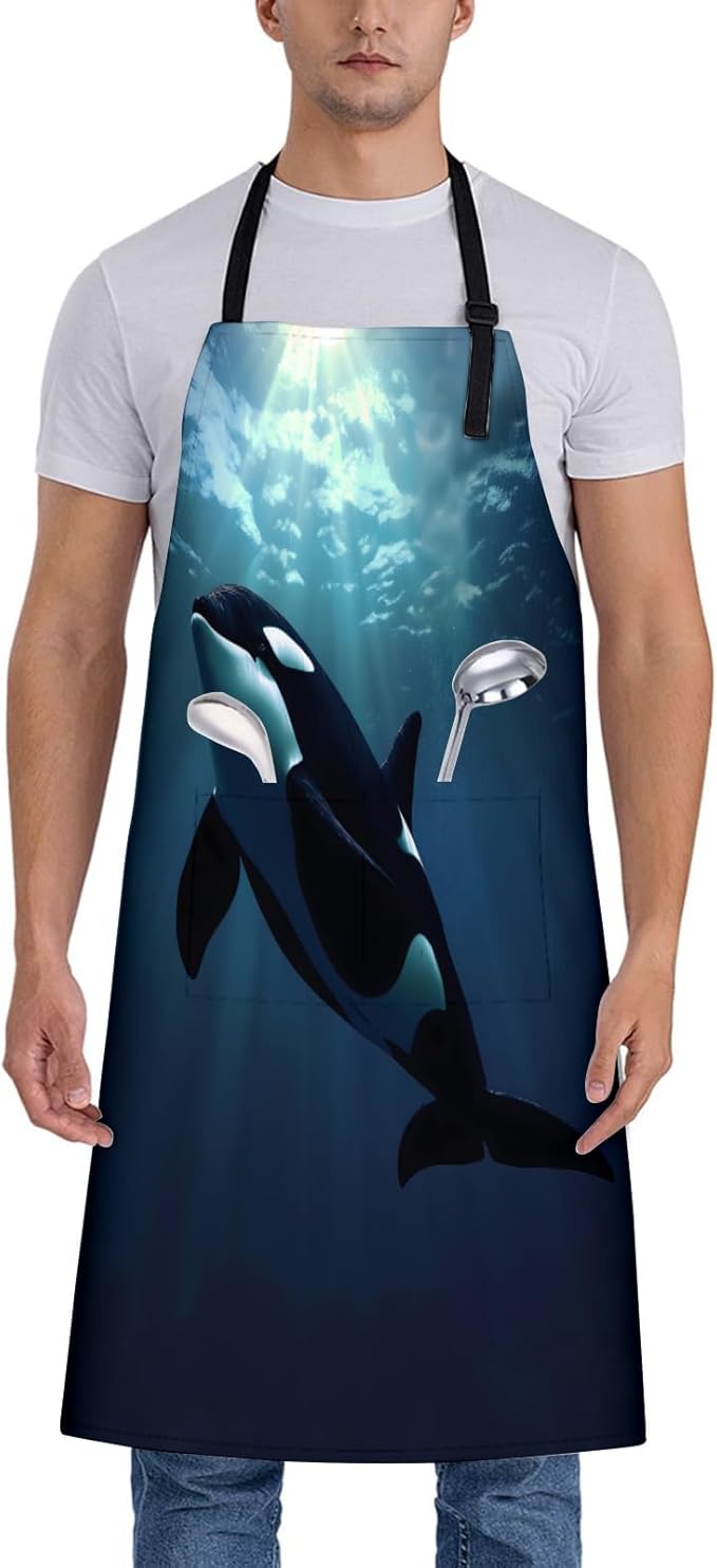 Ocean Orca Apron for Women, 28x33in, Kitchen Chef Aprons with 2 Pockets, Polyester, Sea Animal Apron for Cooking BBQ Baking Gardening Chef, Gifts for Mom Wife Dad