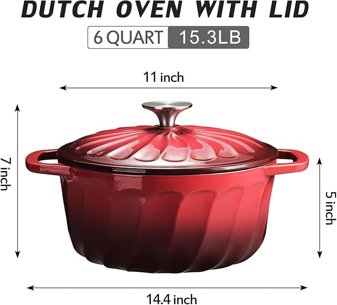 Enameled Cast Iron Dutch Oven with Lid, 6 QT Dutch Oven Pot for Bread Baking, Heavy Duty Cast Iron Pot for Braising, Cook, Bake, Oven Safe across All Cooktops (Red,6 QT)