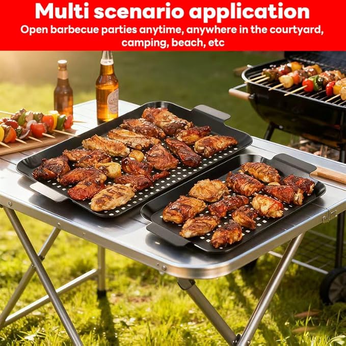 Grill pan, 2 Grilling Tray - Outdoor Grilling Baskets with Hole, Camping Barbecue Set for meat, fruits and vegetables (2 pieces)