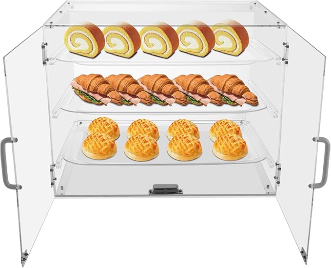 Pastry Display Case, 3-Layer Bread Box For Kitchen Countertop, Clear Bread Storage Container with Magnetic Door, Large Bread Holder Bakery Display Case for Bagel Muffins, 21.3x17.3x16.5 Inch