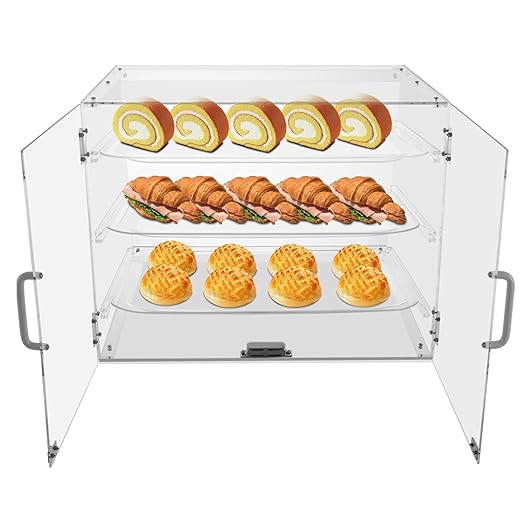 Commercial Bakery Pastry Display Case, 3-Tier Large Cookie Display Stand with Magnetic Door Lock, Adjustable Bread Box for Bakery, Coffee Shop, Snack Store