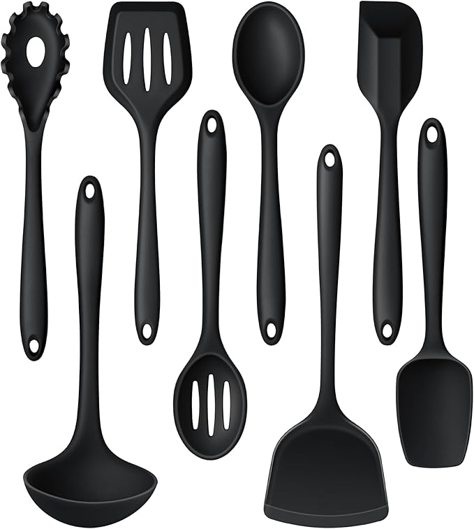 LIANYU 8Pcs Cooking Utensils Set, Heat Resistant Kitchen Utensils, Silicone Utensils Spatula Set for Nonstick Cookware with Spatula, Ladle, Turner, Spoon, Dishwasher Safe, Black