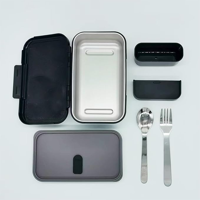 Stainless Steel Small Bento Box for Adults - Leakproof Microwave Safe Lunch Box for Work, Meal Prep and On the Go with Utensils & Canvas Bag (Black), Compact-Sized for Moderate Appetites