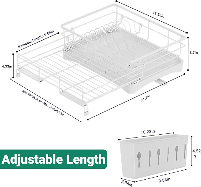 Expandable Over Sink Dish Drying Rack – Foldable Stainless Steel Kitchen Organizer with Utensil Holder, Space-Saving & Rustproof (White)