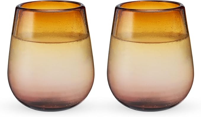 Twine Living El Ocaso Hand Blown Wine Glasses, Recycled Mexican Glassware with Sunset Inspired Yellow and Purple Gradient, Stemless Drinking Glasses for Wedding Gifts, Wine Lovers, 13 oz Set of 2