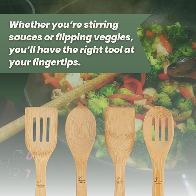 4 Piece kitchen utensils set - bamboo cooking utensils with comfort grip, including utensil holder, bamboo spoons, shovels & spatulas | wooden utensil set for non-stick pans, kitchen essentials