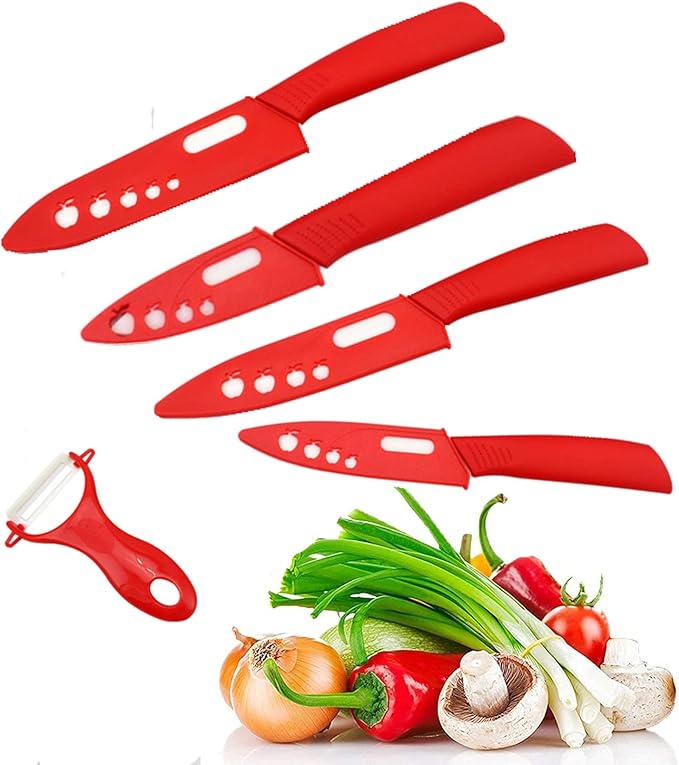 Ceramic Knife Set of 5,Sharp Ceramic Knife with Sheath,Steak Knife,Red Kitchen Knives With Anti-Slip handle,Includes 6" Chef Knife,5" Utility Knife,4" Vegetable Knife,3" Paring Knife,1''Fruit Peeler