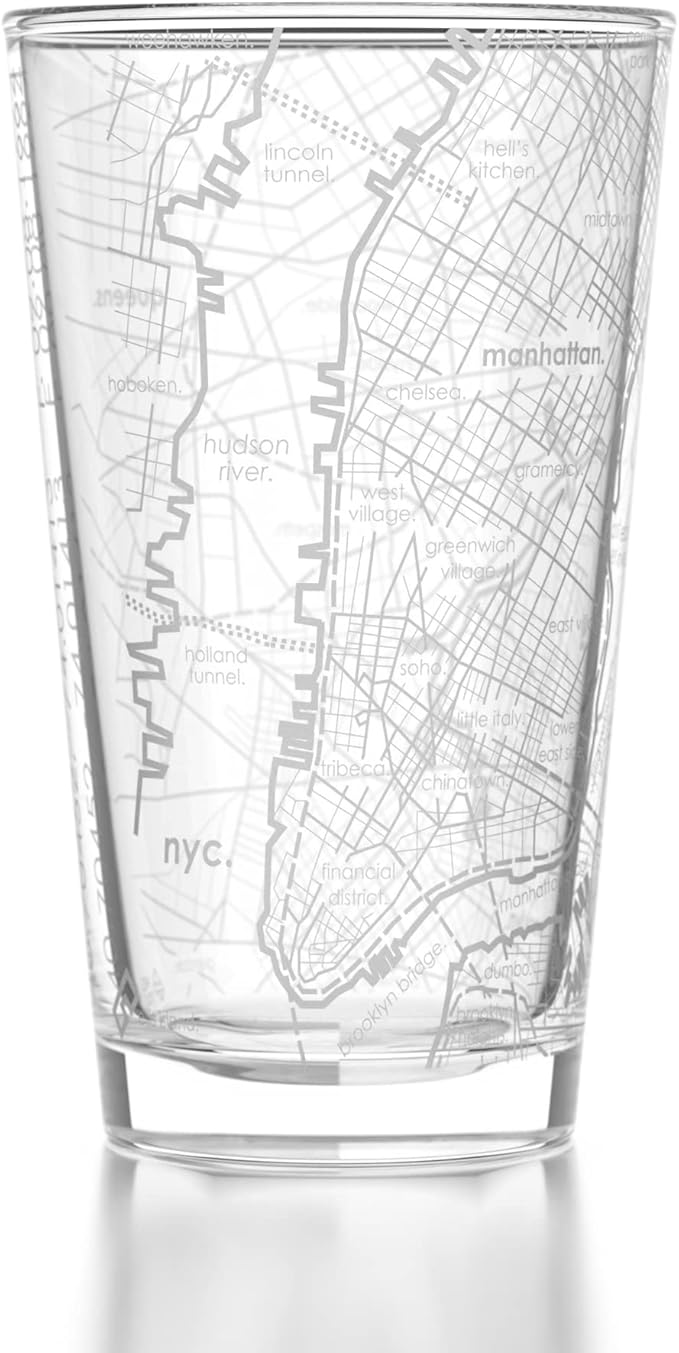 Well Told 16 oz Clear Glass New York City Map Pint Glass, Engraved Beer Glass, Gift