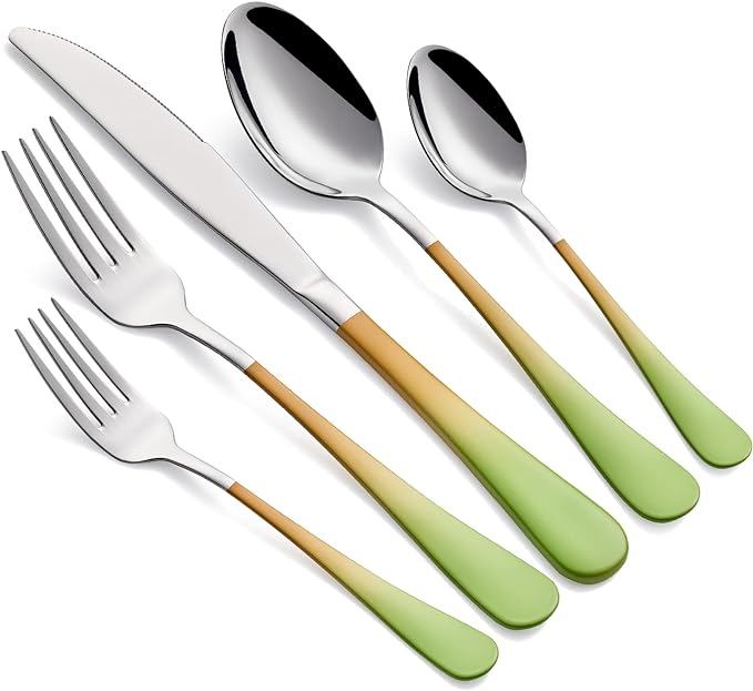 Colorful Silverware Set 20 Piece 18/0 Stainless Steel Flatware Green and Orange Handle Cutlery Set Service for 4 Fork Knife Spoon Set Mirror Finish Dishwasher Safe