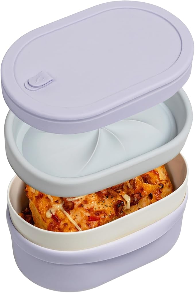 Ceramic Bento Lunch Box with Silicone Lid & Compartment Divider for Adults, Reusable Airtight Meal Prep Food Storage, Sandwich, Snack, Salad Container, Microwave Oven Safe (Lilac, 30.4 Oz)