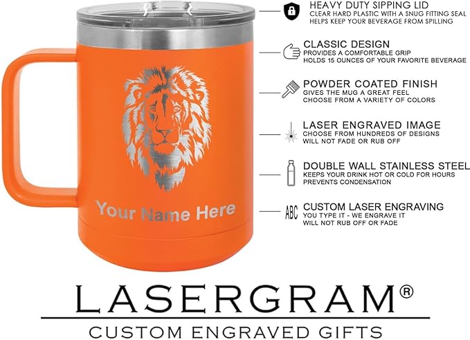 LaserGram 15oz Vacuum Insulated Coffee Mug, Sushi, Personalized Engraving Included (Orange)