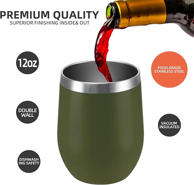 12 oz Insulated Wine Tumbler with Lid and Straw,Stainless Steel Stemless Wine Tumbler Glasses Double Wall Vacuum Wine Cups Tumbler Bulk for Coffee,Champaign,Office(Navy Green,4)