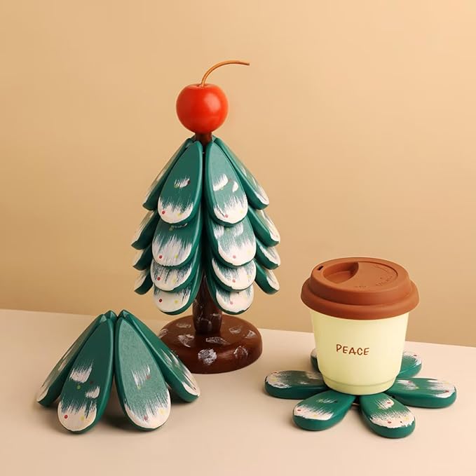 Christmas Tree Trivet,Wooden Tree Trivet Set of 4 Wooden Trivets & 1 Stand Like a Christmas Tree, Foldable Kitchen Wooden,for Hot Dishes Pot Bowl Teapot Hot Pot Holder (Cherry 4pair)
