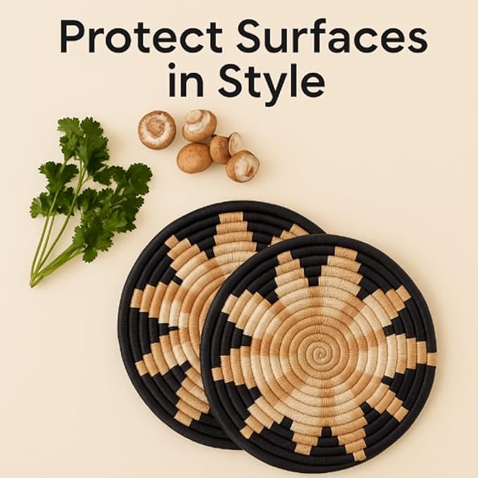Brown Flower Woven Trivet Set, Trivets for Dishes, Pots and Pans, Heat Resistant Hot Pads, Pot Holders for Table, Plate Mats for Countertops, Kitchen Table Accessories, 8" Wide, Boho Decor