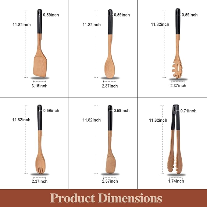 Wooden Spoons For Cooking, 6 PCS Natural Beech Wooden Cooking Utensils with Hanging Hole, Smooth Grip, Kitchen Essentials, Black