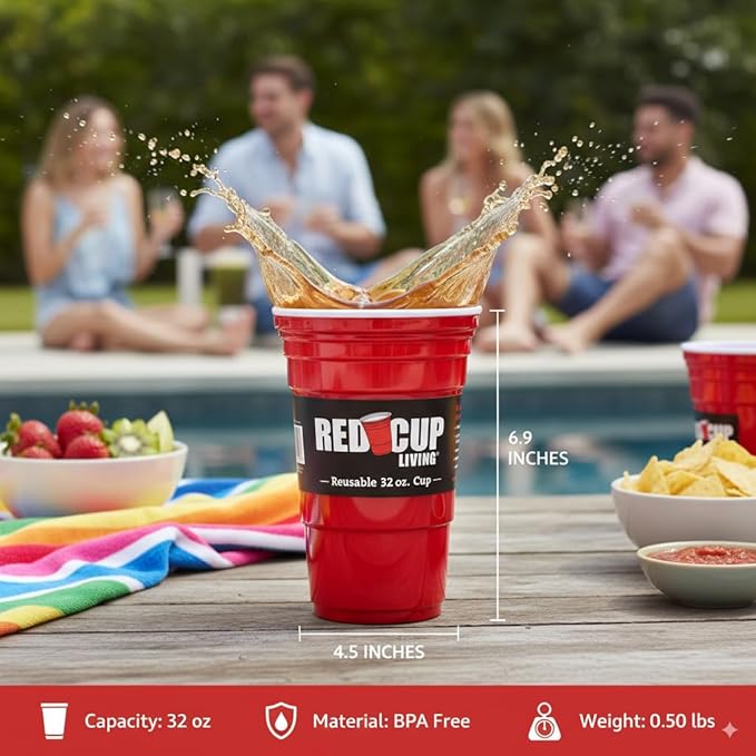 Red Cup Living 32Oz Tumbler, Insulated Reusable Plastic Drinking Glasses, Summer Cup, Beer Stein, Travel Coffee Tumbler for Hot & Cold Drinks, Water Container Kitchen Cup, Party Essentials Pack of 4