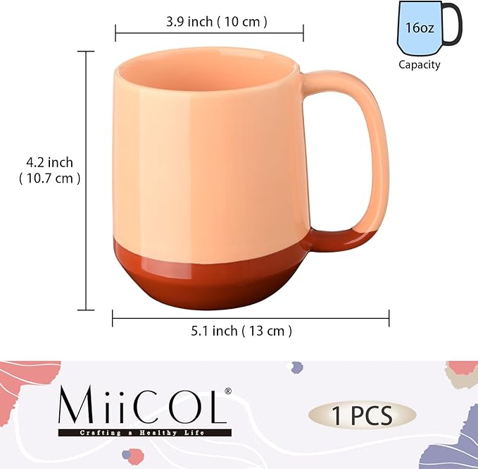 Miicol Ceramic Coffee Mug, 16 oz Large Coffee Cup, Tea Mug with Handle, Flat Bottom Mug for Men, Women, Office, Microwave and Dishwasher Safe, Multi-Color, Caramel Peach