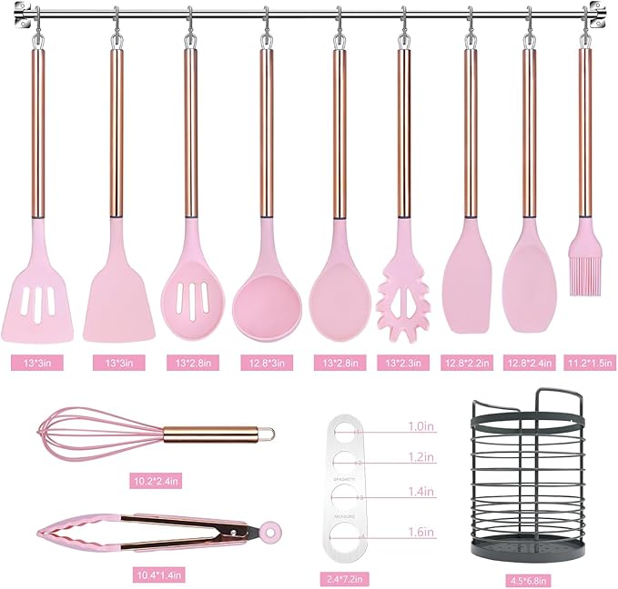 Kitchen Utensil Set with Holder, 22 Pcs Silicone Cooking Utensils Set for Nonstick Cookware, Heat Resistance Spatula Set, Stainless Steel Handle Kitchen Gadgets Utensils Set(Pink)