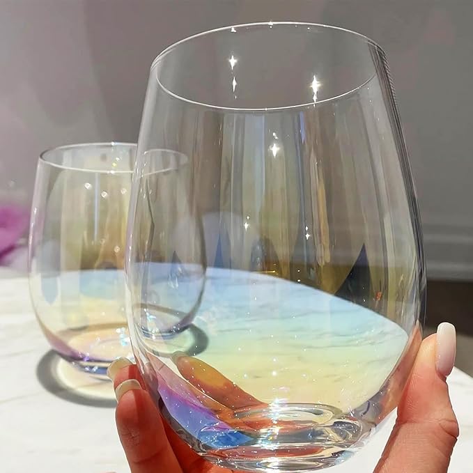 Iridescent Stemless Wine Glasses for Red or White Wine (Set of 4), 18-Ounces, Large Wine Glasses for Cabernet, Pinot Noir, Burgundy, Bordeaux
