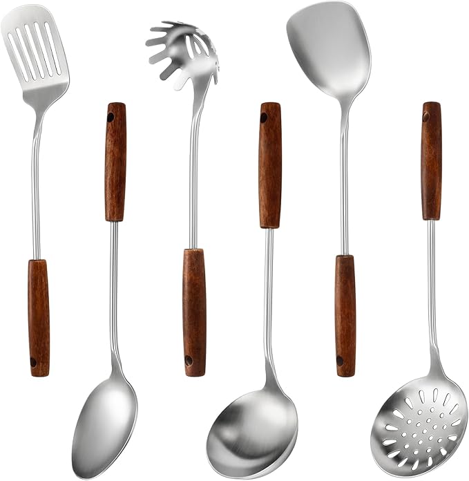 304 Stainless Steel Kitchen Utensils Set, 6 Pcs Long Cooking Utensils Set with Wooden Handle, Large Heat Resistant Kitchen Tools(Dishwasher Safe)
