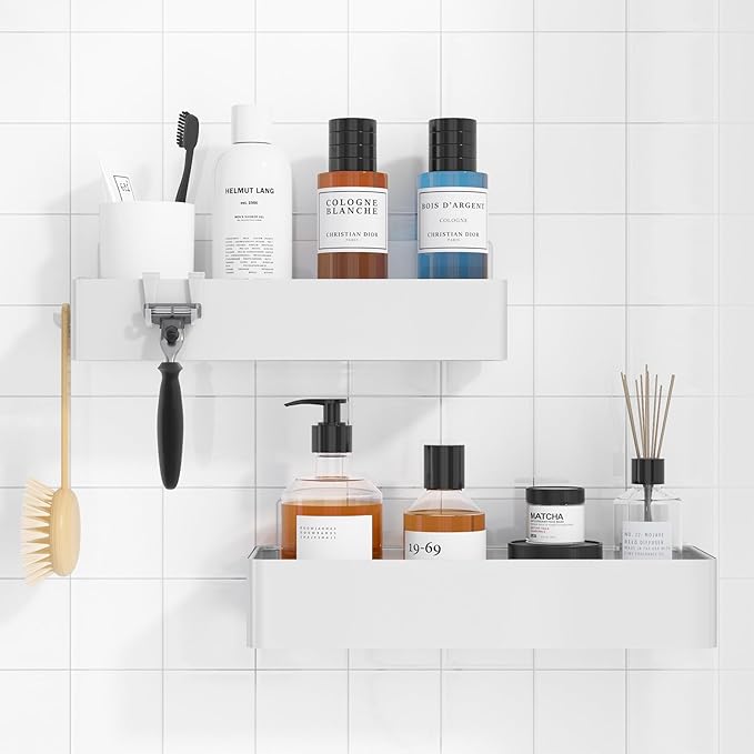 Kitsure Shower Caddy - 2 Pack Adhesive Shower Organizer, Rustproof Metal Shelves, No-Drill Bathroom Organizers and Storage, White, Large