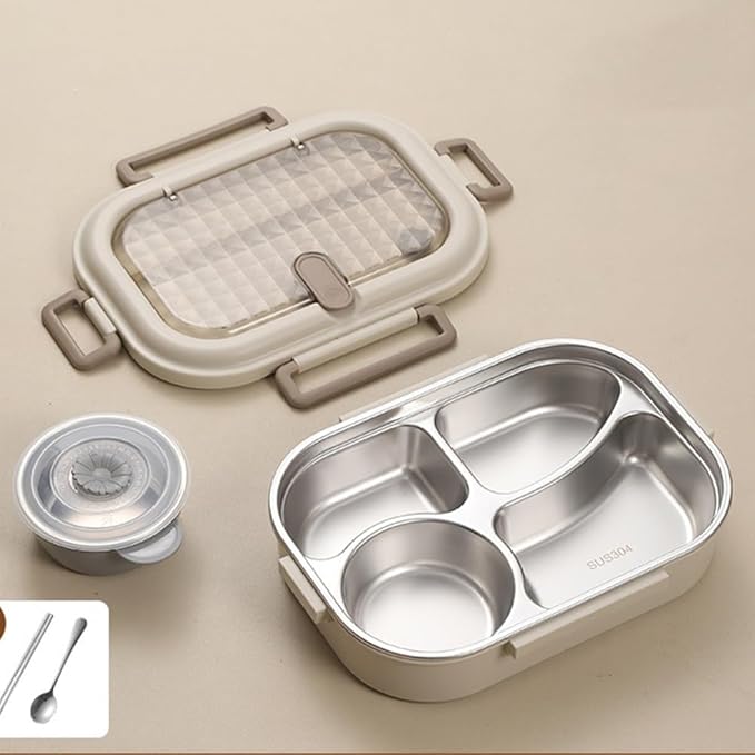 Bento Box Adult Lunch Box 304 Stainless Steel Portable Leakproof Lunch Food with Chopsticks Spoon Soup Bowl Large Capacity Sealed 1500ML (White-4 Compartments, 10.23IN*6.69IN*2.76IN)