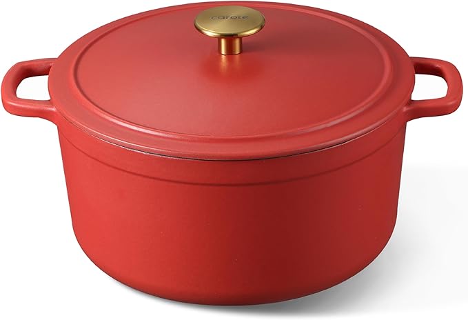 CAROTE 5QT Enameled Cast Iron Dutch Oven Pot with Lid, Heavy-Duty Dutch Oven for Sourdough Bread Baking, Braising, Stews, Roasting, Healthy & Non-Toxic, Dual Handles, All Stovetop Compatible, Oven Safe up to 500° F, Red