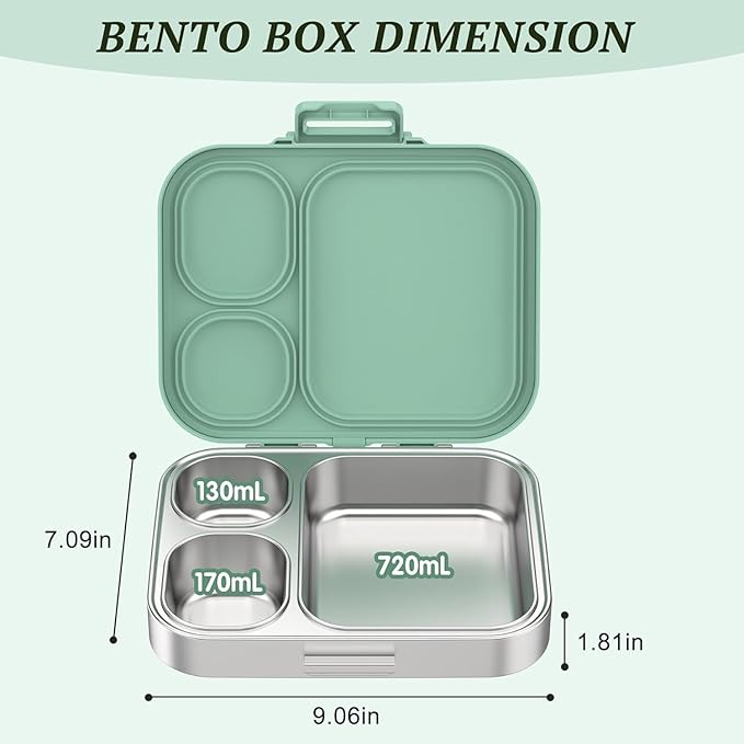 Stainless Steel Lunch Box: Metal Bento Box for Kids Adults - Leak-Proof 3 Compartments,Green