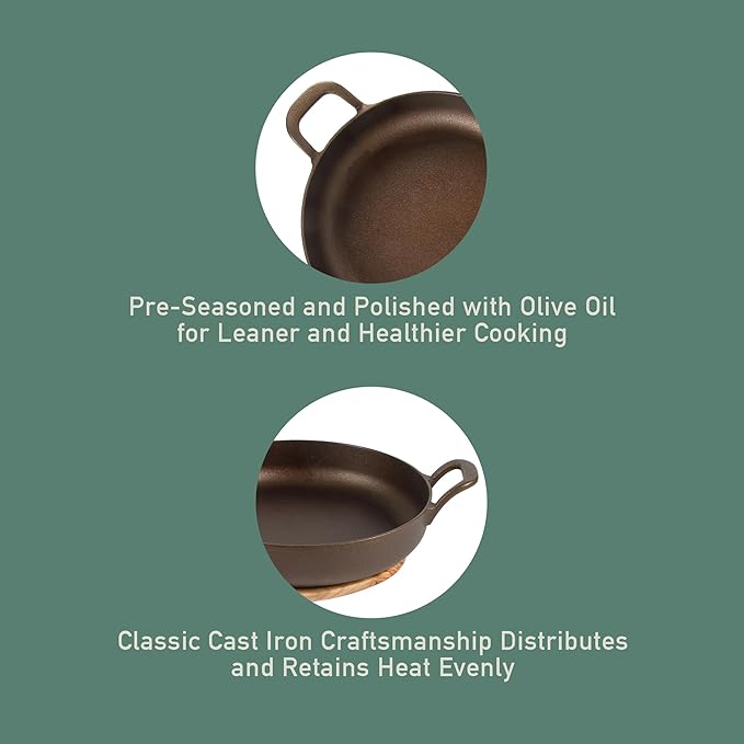Bloomhouse - Two Time Oprah's Favorite Things Winner - Natural Bronze Finish 12" Cast Iron Skillet w/Long Handle, Helper Handle & Olive Wood Trivet – Olive Oil Treated Fry Pan, Oven & Stovetop Safe