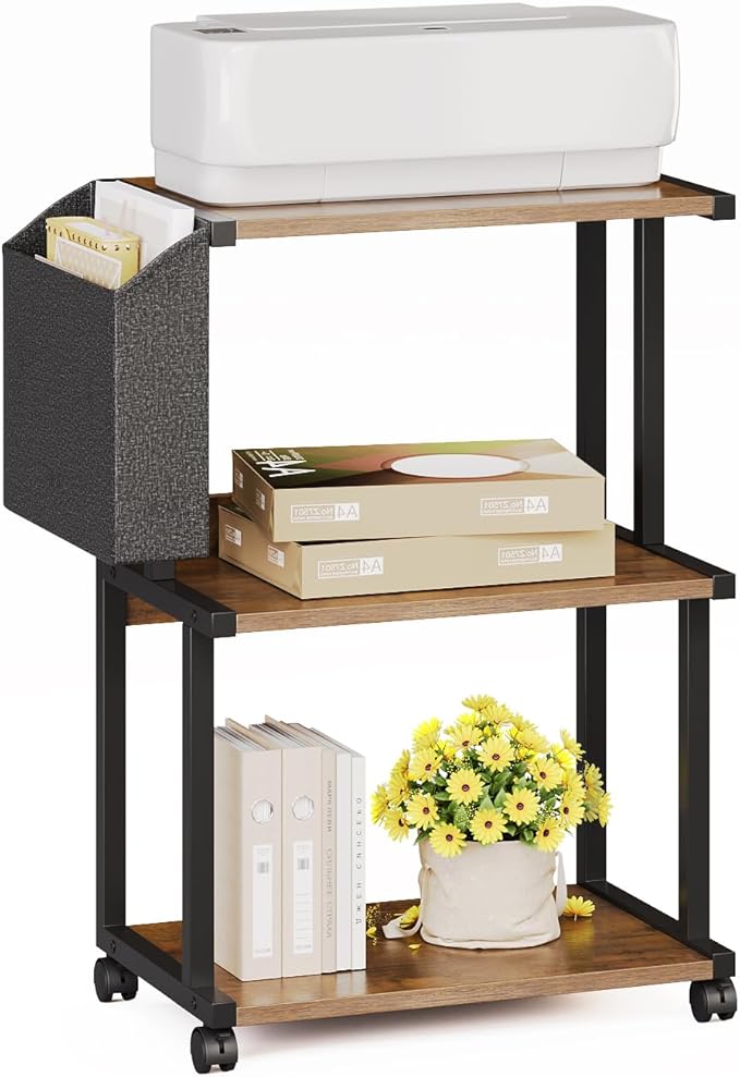Ostreeful 3 Tier Printer Stand Rustic Brown Printer Mobile Wooden Printer Shelf Table Organizer for Home Office Kitchen